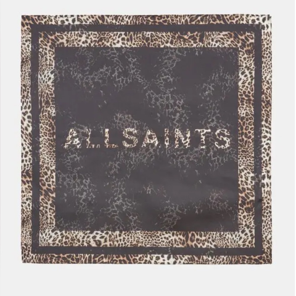All Saints Silk Leopard Print Square Scarf - Black and Brown